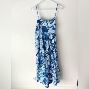Joie Blue White Floral Tiered Midi Dress Tie Back Tropical Beachy Resort Wear
